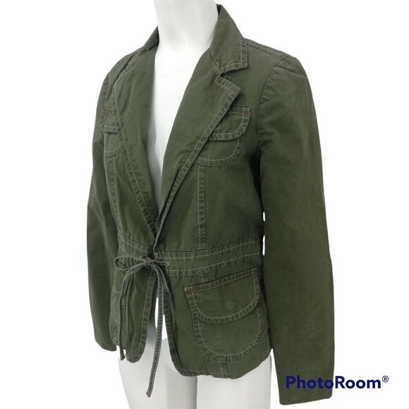 Lucky Brand Military Jacket Size XS Snap Pockets Button Drawstring Green Boho - Picture 2 of 12